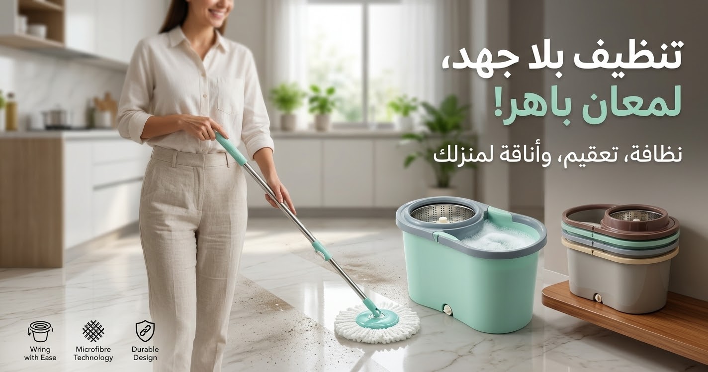 Spin mop with microfibre head that traps dust and dirtممسحة دوارة